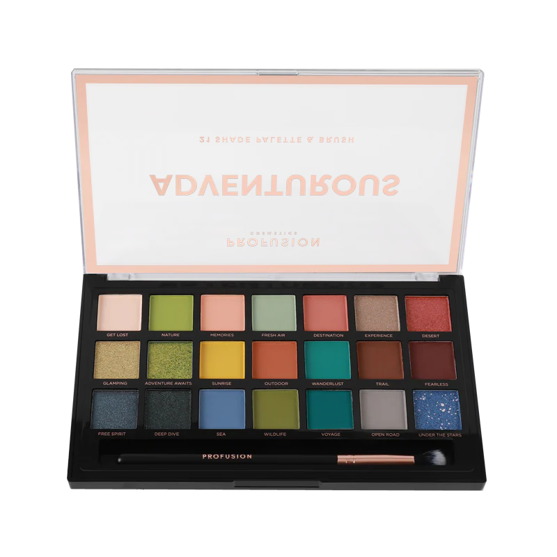 Profusion Cosmetics 21 Shade Eyeshadow Palette Adventurous with vibrant and neutral shades for versatile eye makeup looks.