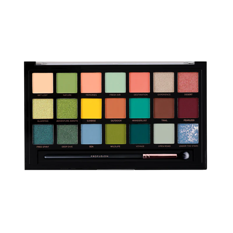 Profusion Cosmetics 21 Shade Eyeshadow Palette Adventurous with vibrant and neutral shades for versatile eye makeup looks.