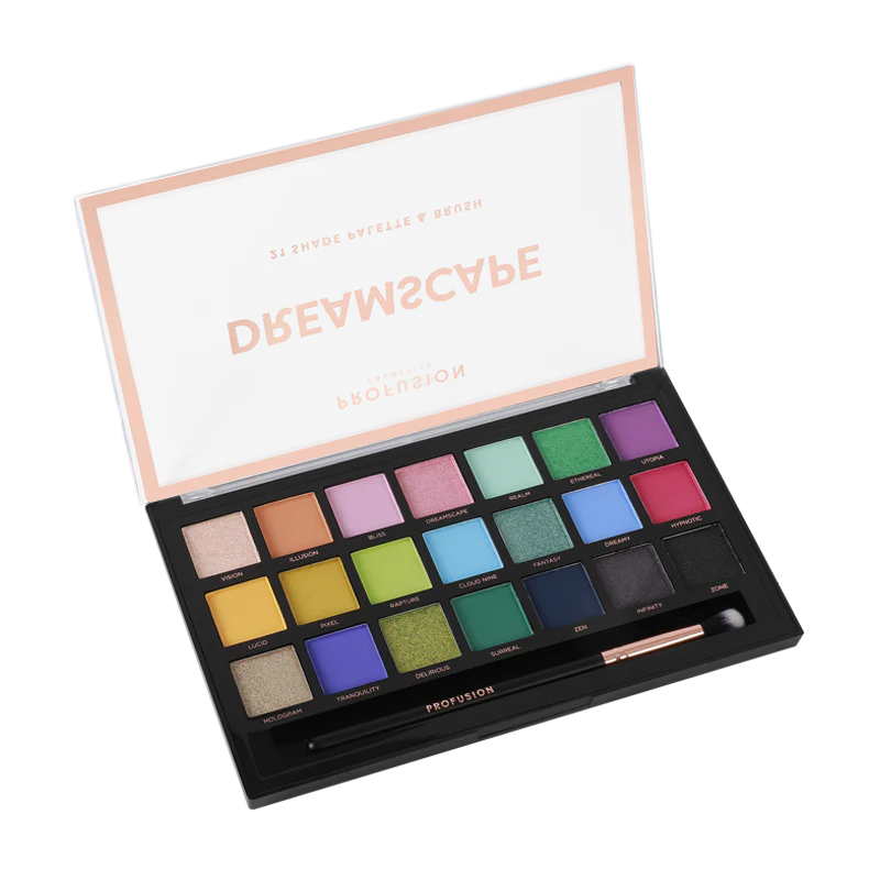Profusion Cosmetics Dreamscape 21 Shade Eyeshadow Palette with vibrant and neutral colors in a sleek rectangular case.