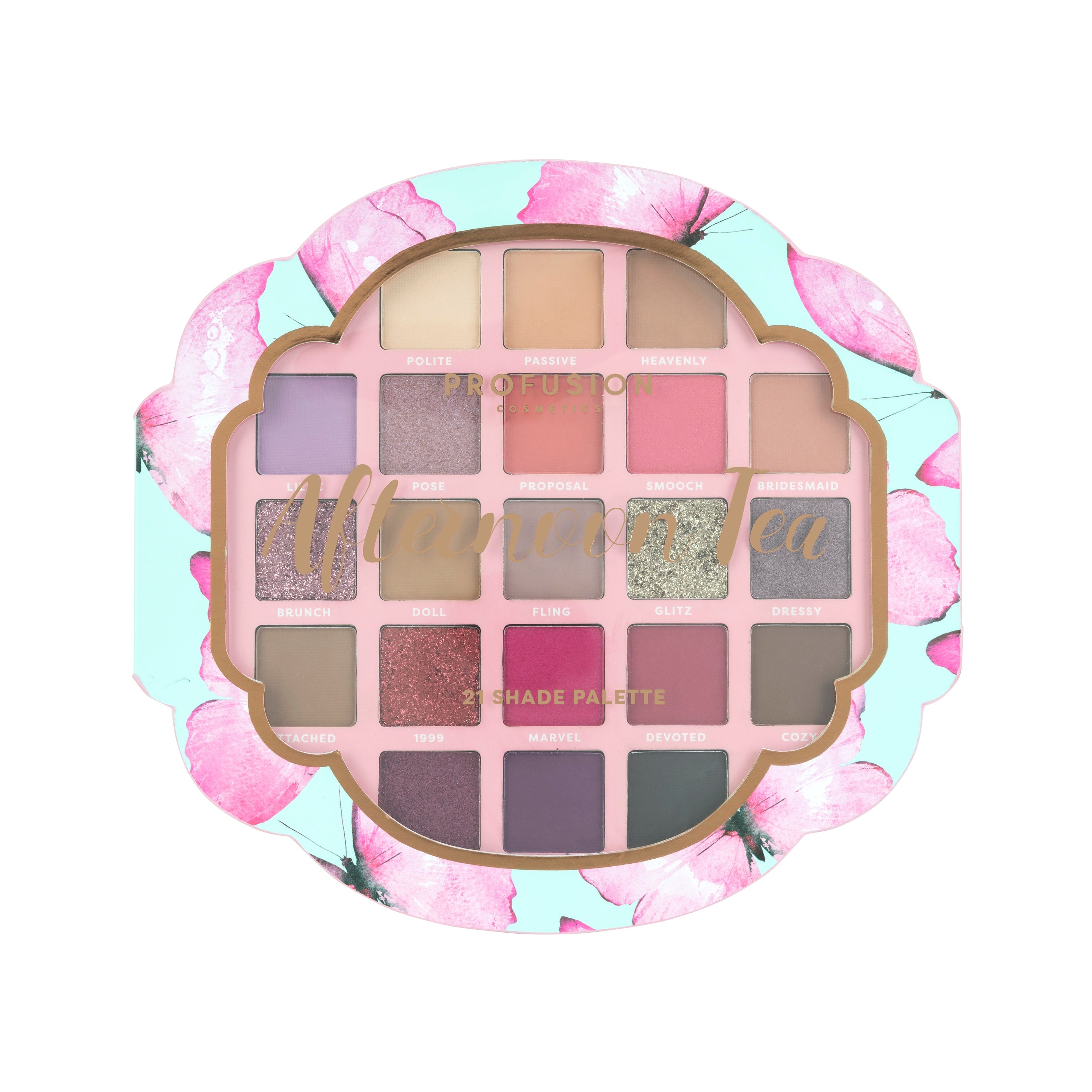 Profusion Cosmetics Afternoon Tea eyeshadow palette with various neutral and pastel shades, open to showcase colorful eye makeup.