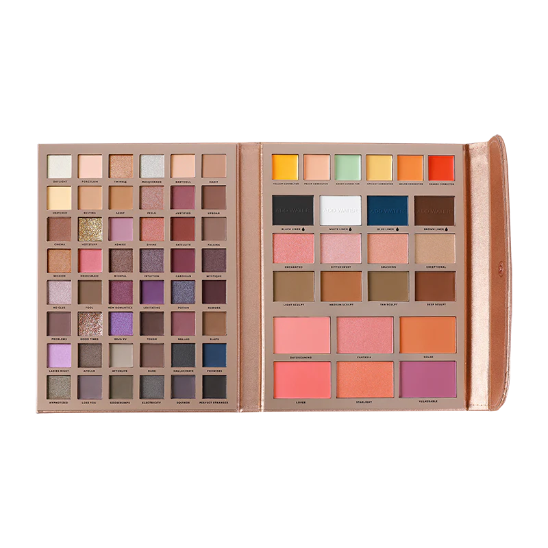 Profusion Cosmetics Artistry Attire 72-piece eyeshadow palette with various shades and finishes in a professional beauty portfolio.