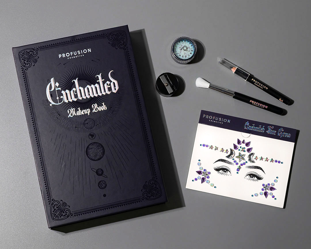 Profusion Cosmetics Enchanted Forest 5-piece eyeshadow look book with colorful eye makeup designs and patterns.