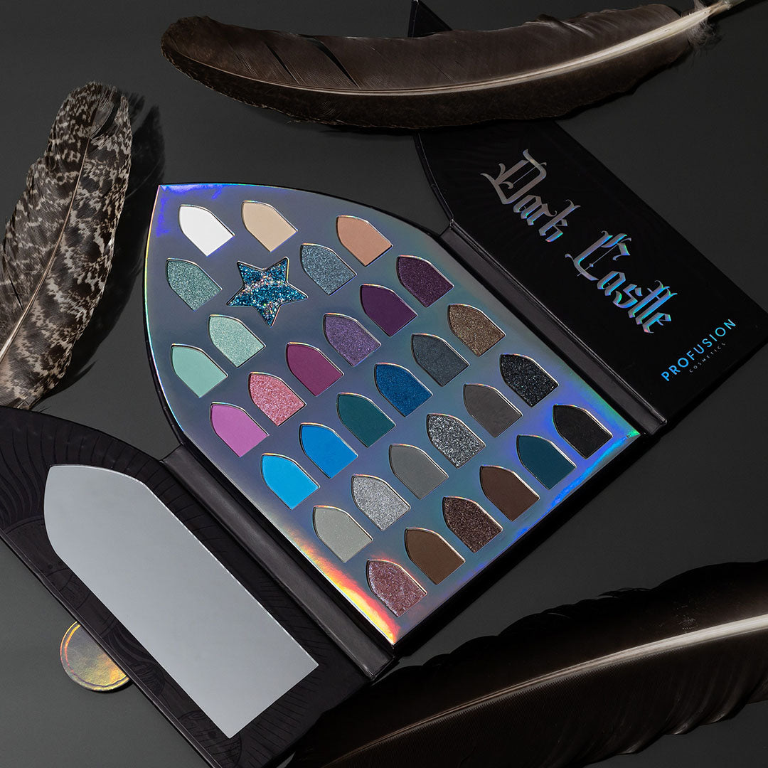 Profusion Cosmetics Enchanted Forest Dark Castle 32-shade eye palette with rich, mystical eyeshadow shades and enchanting forest-inspired design.