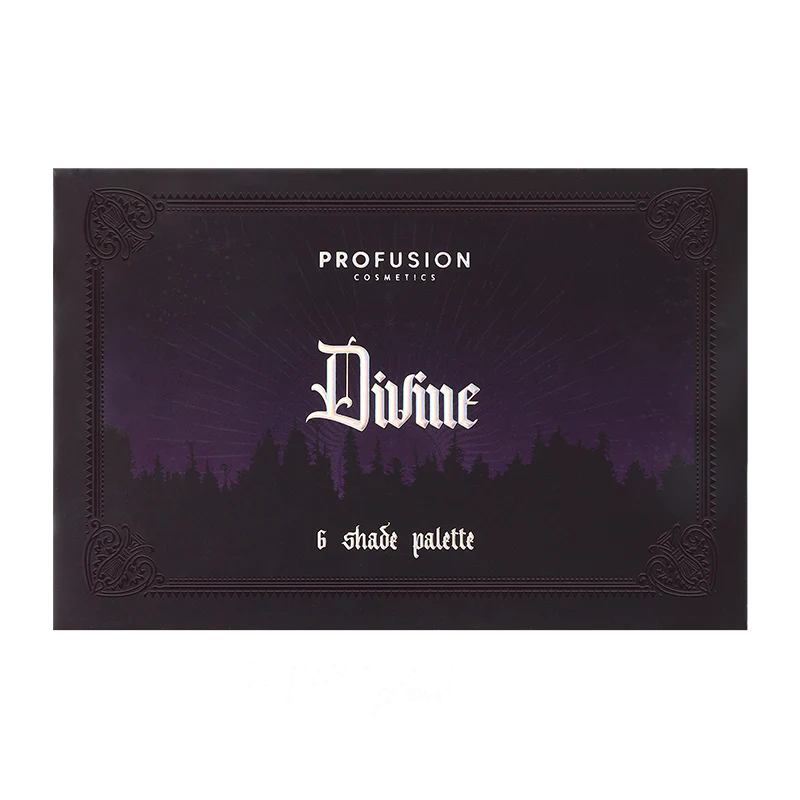 Profusion Cosmetics Enchanted Forest Divine Palette eyeshadow set with earthy and vibrant shades, displayed in an open compact.