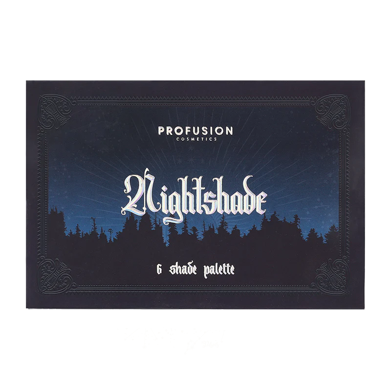 Profusion Cosmetics Enchanted Forest Nightshade eyeshadow palette with vibrant green, purple, and neutral shades for eye makeup.