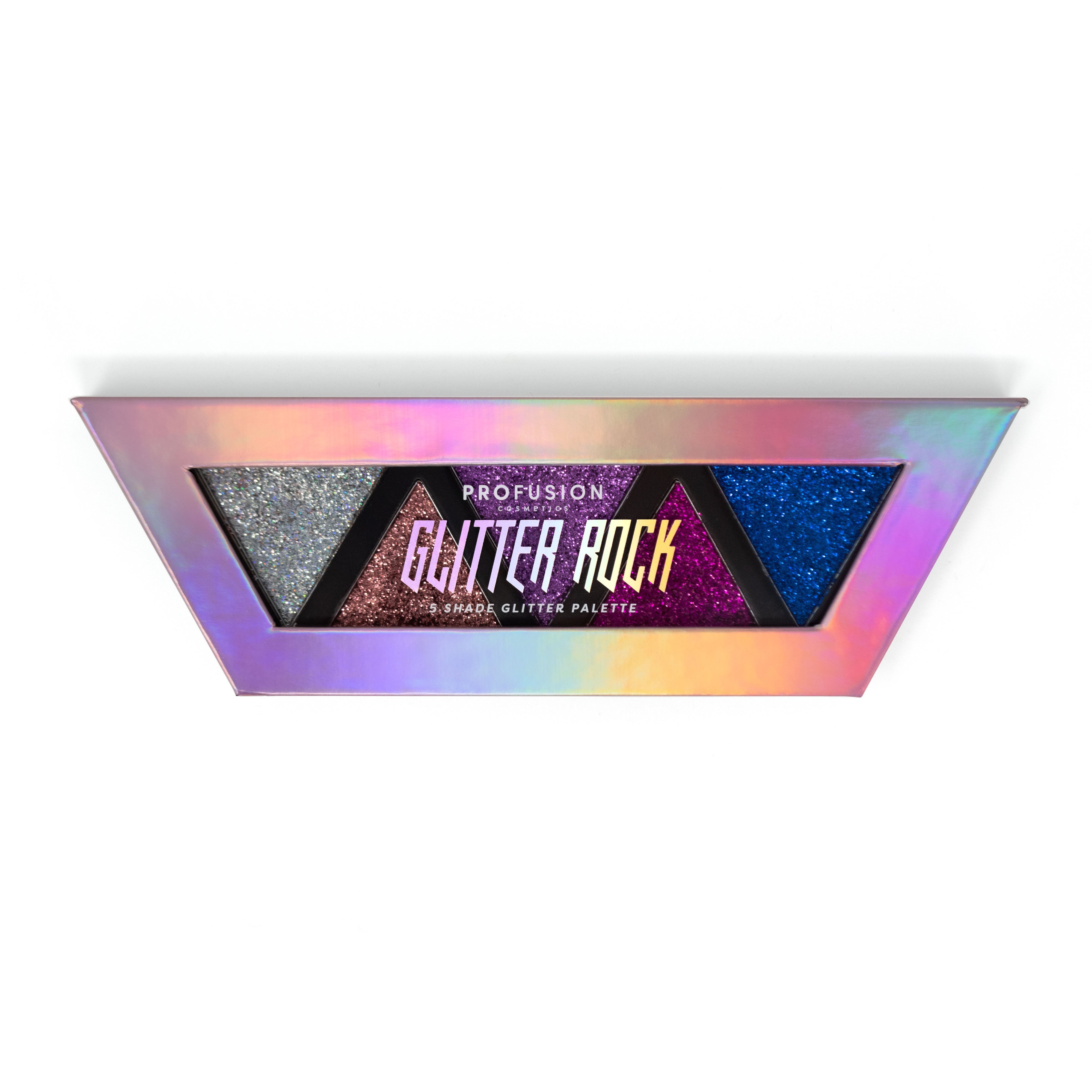 Profusion Cosmetics Glitter Rock Eyeshadow Palette with shimmering shades and vibrant colors for bold eye looks.