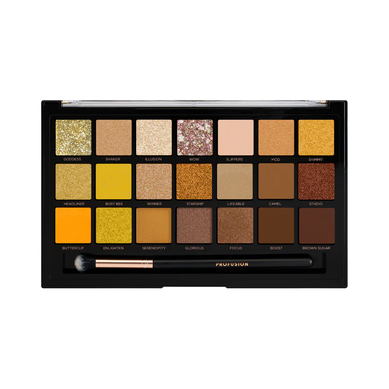 Profusion Cosmetics Gold Rush eyeshadow palette with shimmering gold and neutral tones, open to showcase eye makeup design.