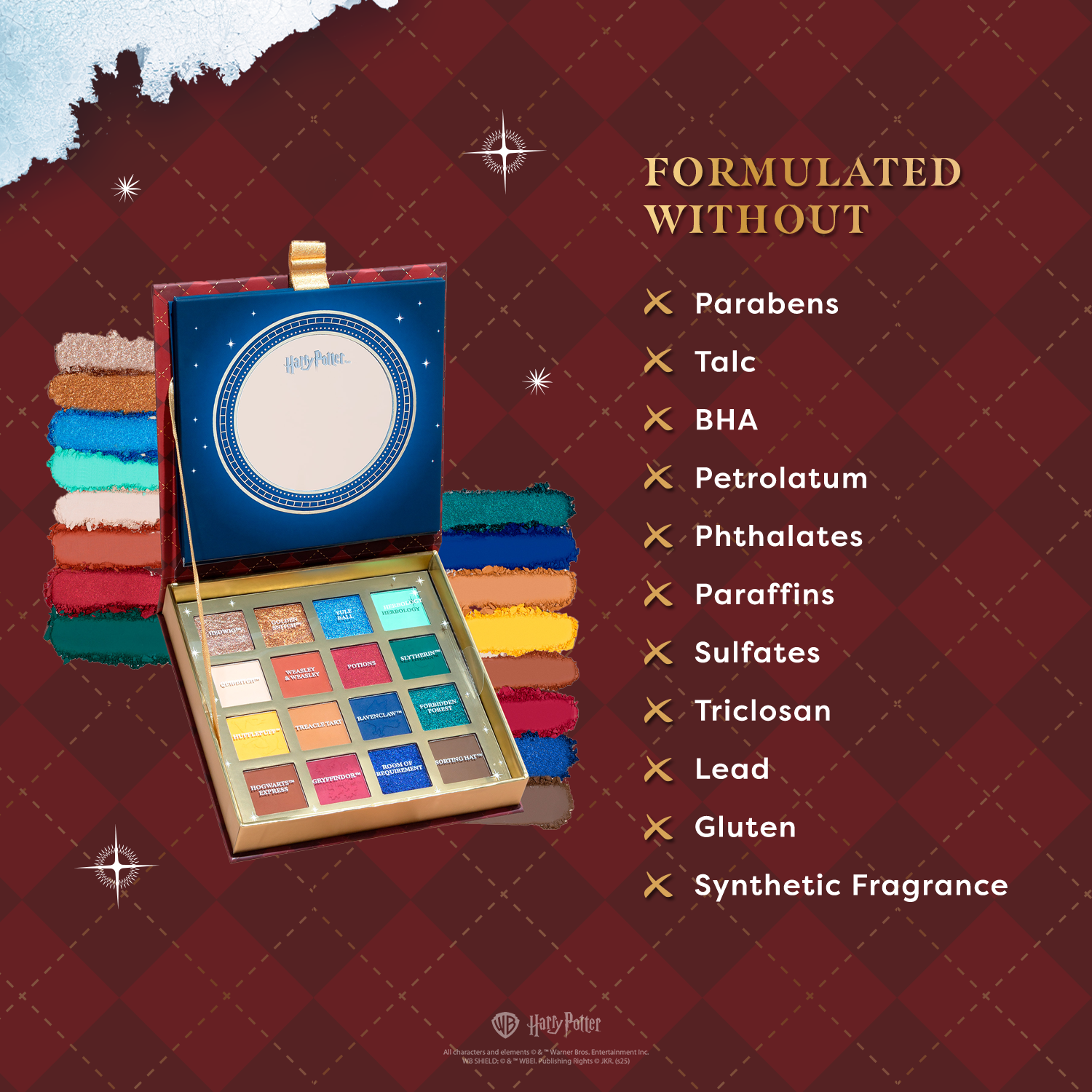 Harry Potter Holiday Hogwarts 16-shade eyeshadow palette by Profusion Cosmetics, featuring magical, colorful eye makeup shades.