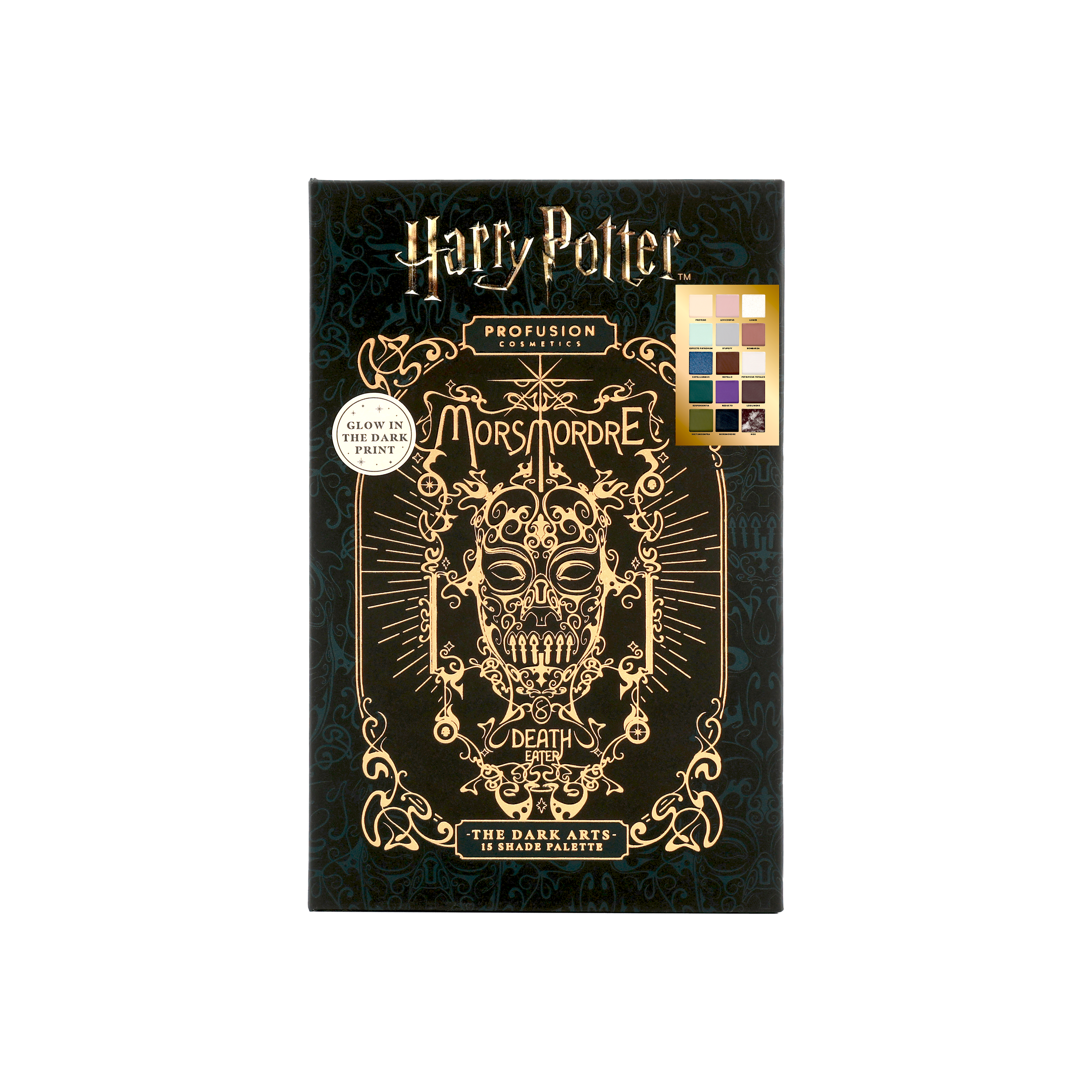 Profusion Cosmetics HP Dark Arts 15-shade eyeshadow palette with dark, mystical colors and intricate packaging design.
