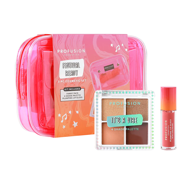 Profusion Cosmetics festival-ready 3-piece bag and cosmetic set with eye makeup products and accessories for vibrant looks.