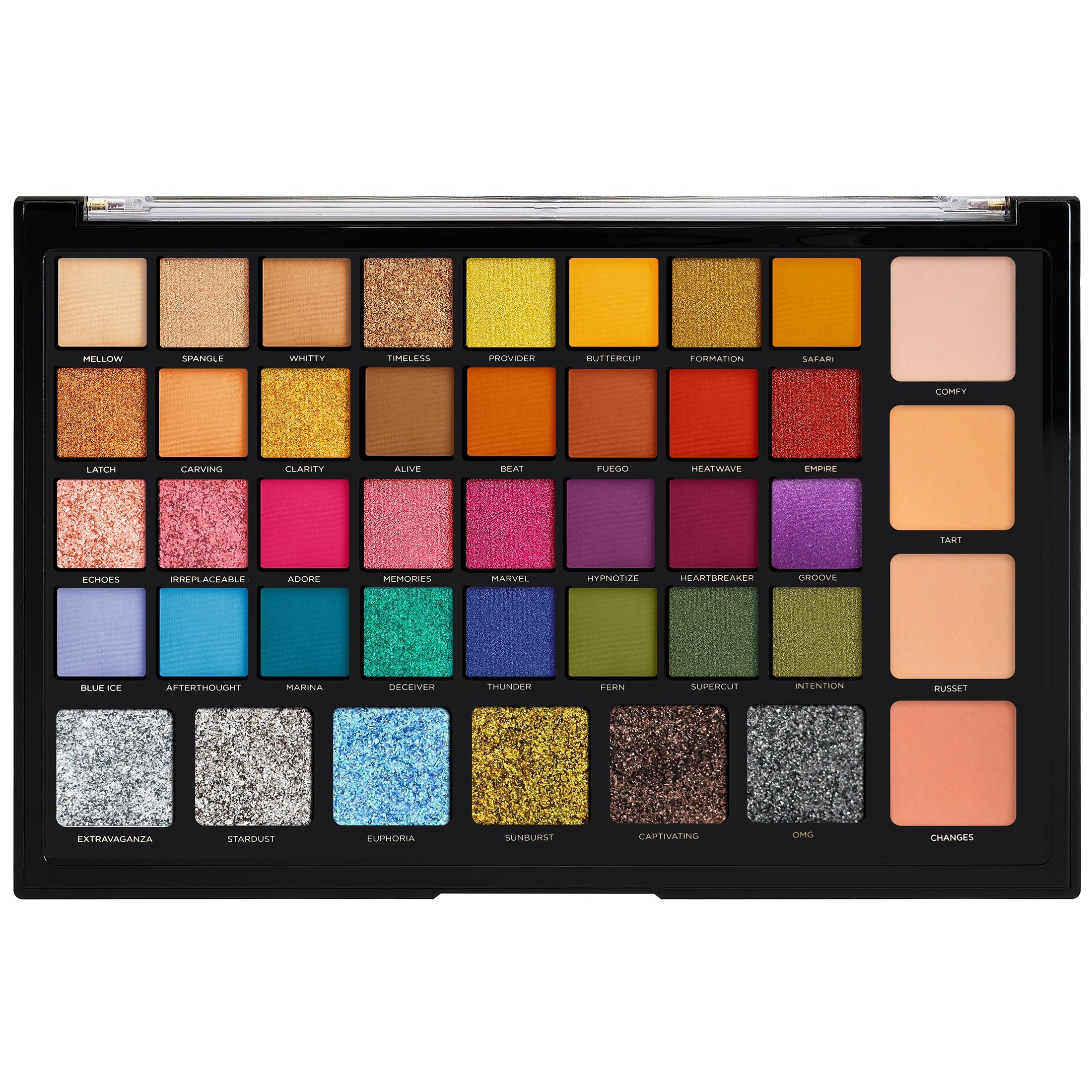 Profusion Cosmetics kaleidoscope eyeshadow with vibrant, colorful swirling patterns on eyelids, showcasing bold eye makeup design.