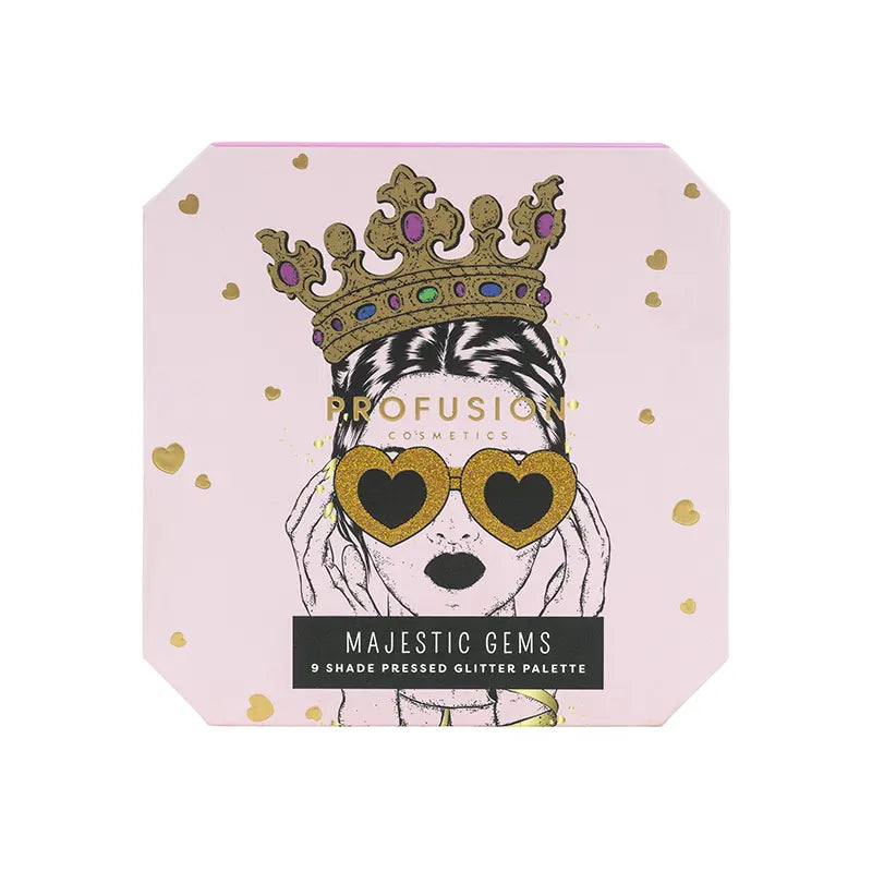 Profusion Cosmetics Majestic Gems Glitter Palette featuring vibrant eye shadows and sparkling glitter shades for eye makeup.