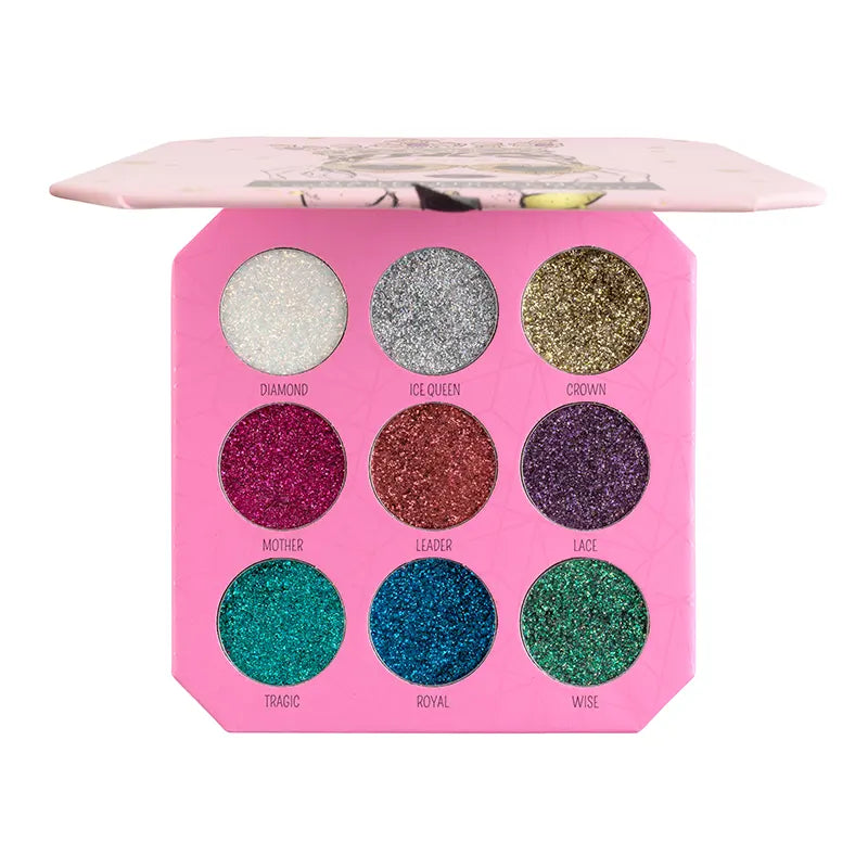 Profusion Cosmetics Majestic Gems Glitter Palette with colorful eye shadows and sparkly glitter shades for bold eye looks.