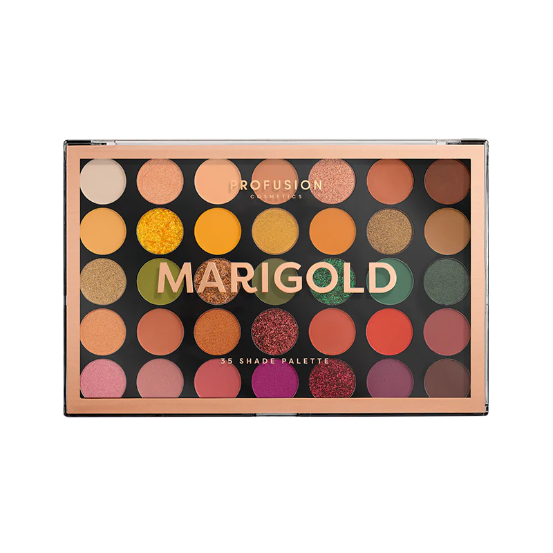 Profusion Cosmetics eyeshadow in Marigold with warm orange and gold tones, displayed on a neutral background.