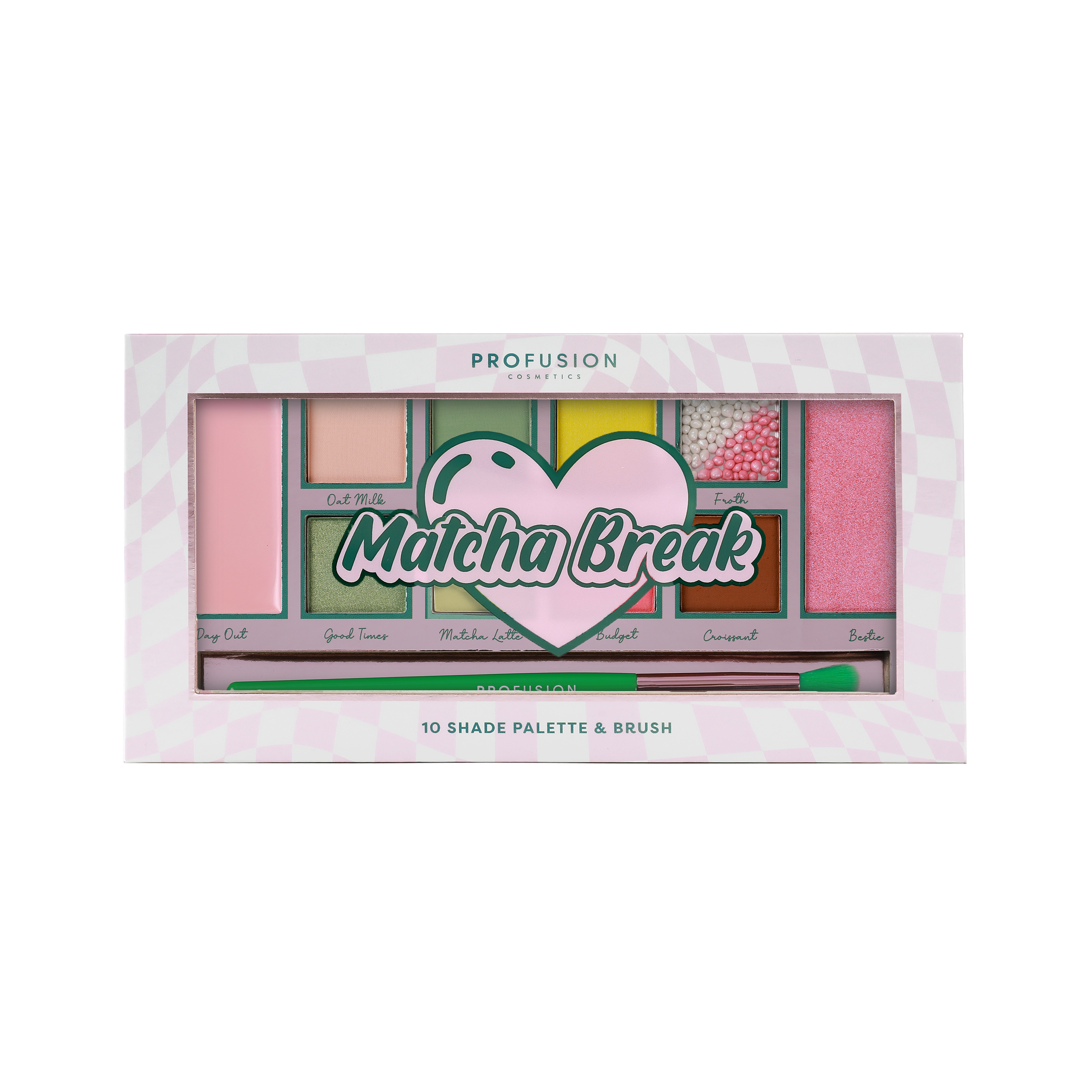 Profusion Cosmetics Matcha Break 10 Shade Eyeshadow Palette with matching brush, featuring vibrant green and neutral tones.