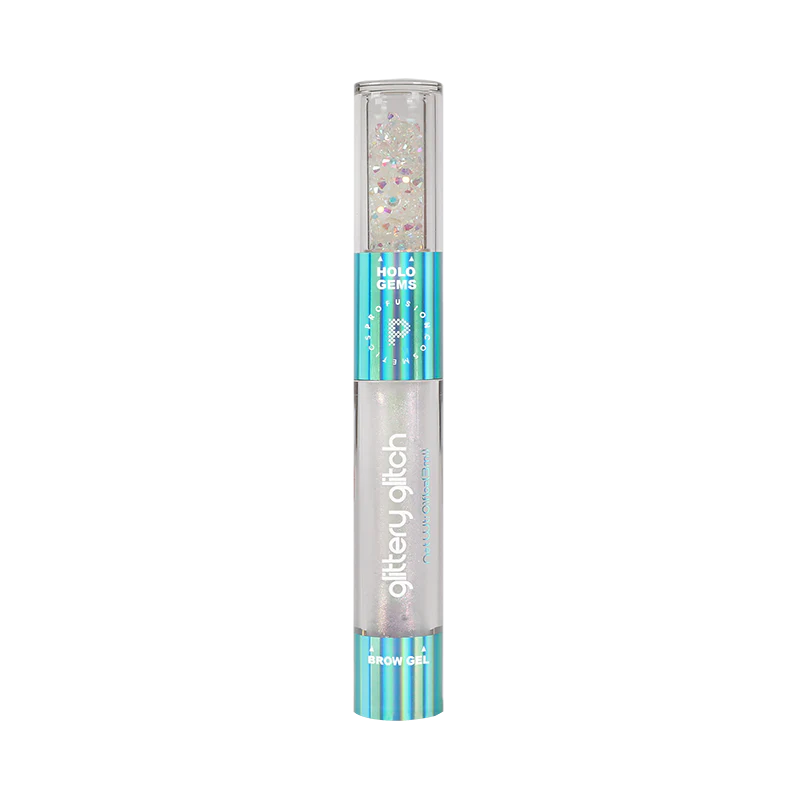 Profusion Cosmetics Metachrome Glitter Glitch Holo Brow Gel and Gems on eye with shimmering holographic finish and decorative brow gems.