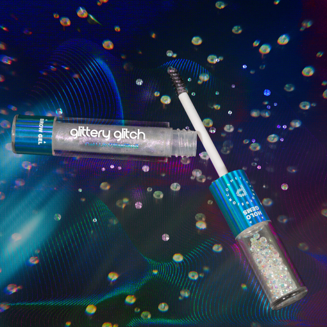 Profusion Cosmetics Metachrome Glitter Glitch Holo Brow Gel and Gems for eye makeup with shimmering holographic effect.