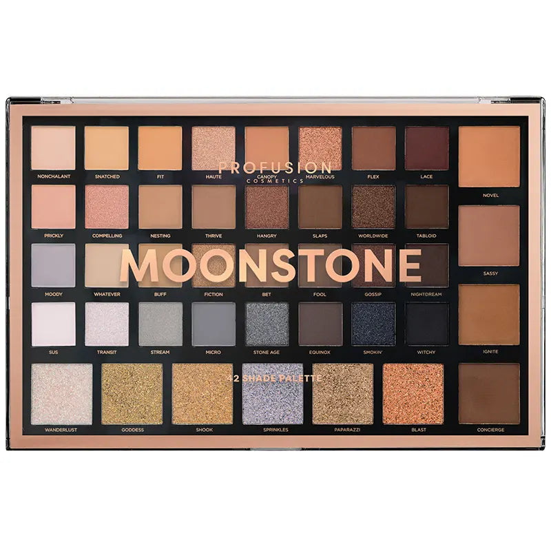 Profusion Cosmetics Moonstone eyeshadow in a shimmering, light beige shade with a smooth, velvety texture.