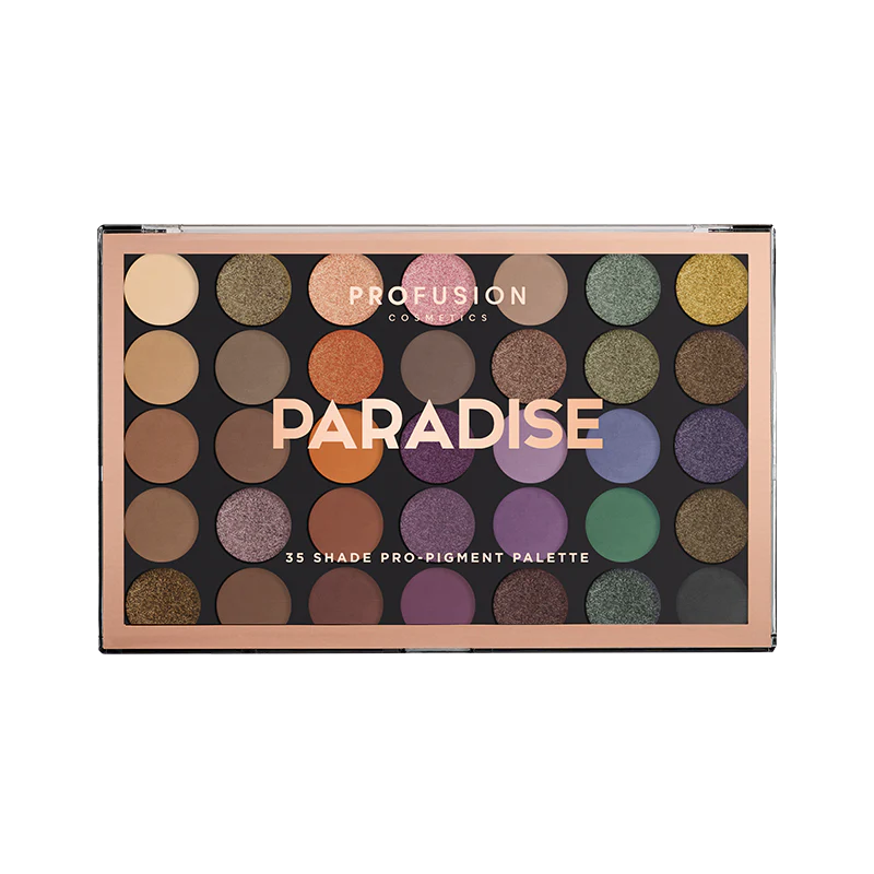 Profusion Cosmetics Paradise eyeshadow palette featuring vibrant, colorful eye makeup shades with a variety of finishes.