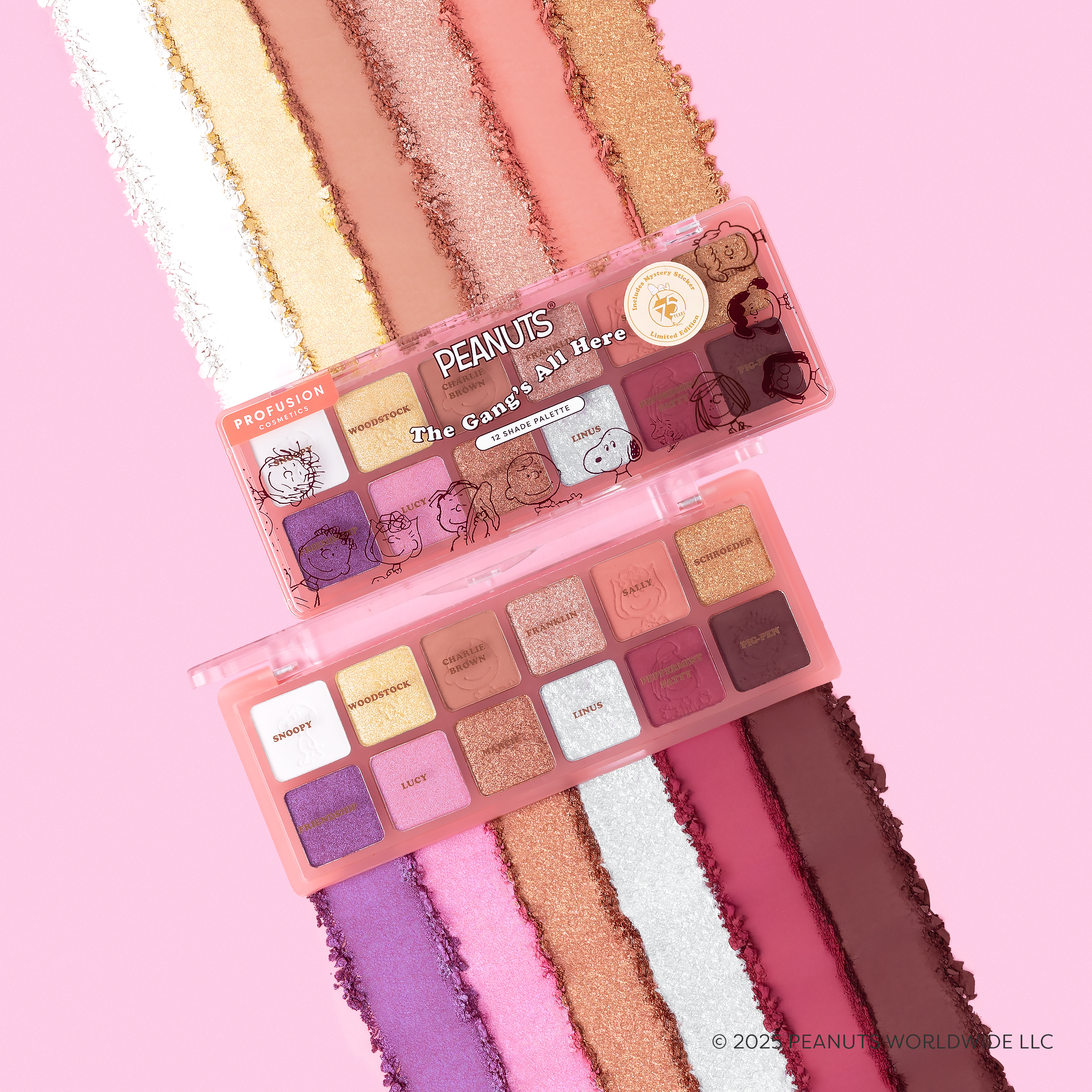 Profusion Cosmetics Peanuts 75th The Gang’s All Here 12-shade eyeshadow palette with colorful, playful eye makeup shades.