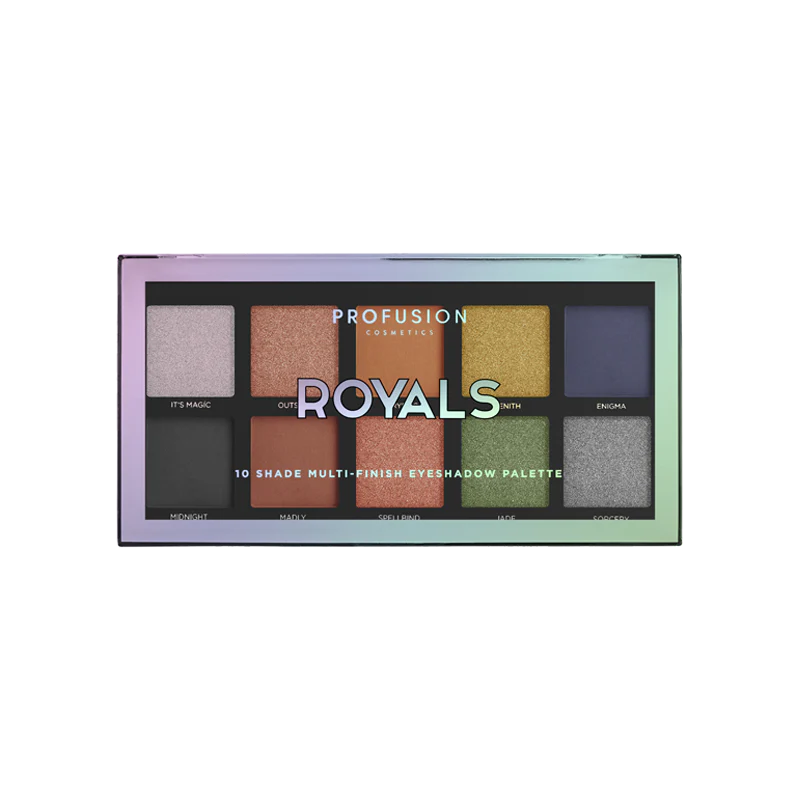 Profusion Cosmetics Royals Eyeshadow Palette with vibrant shades and intricate packaging, showcased in the image.