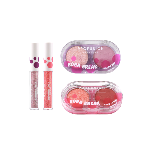 Profusion Cosmetics Share Tea 4-piece eyeshadow duo and eyeliner set with shimmery and matte shades for versatile eye looks.