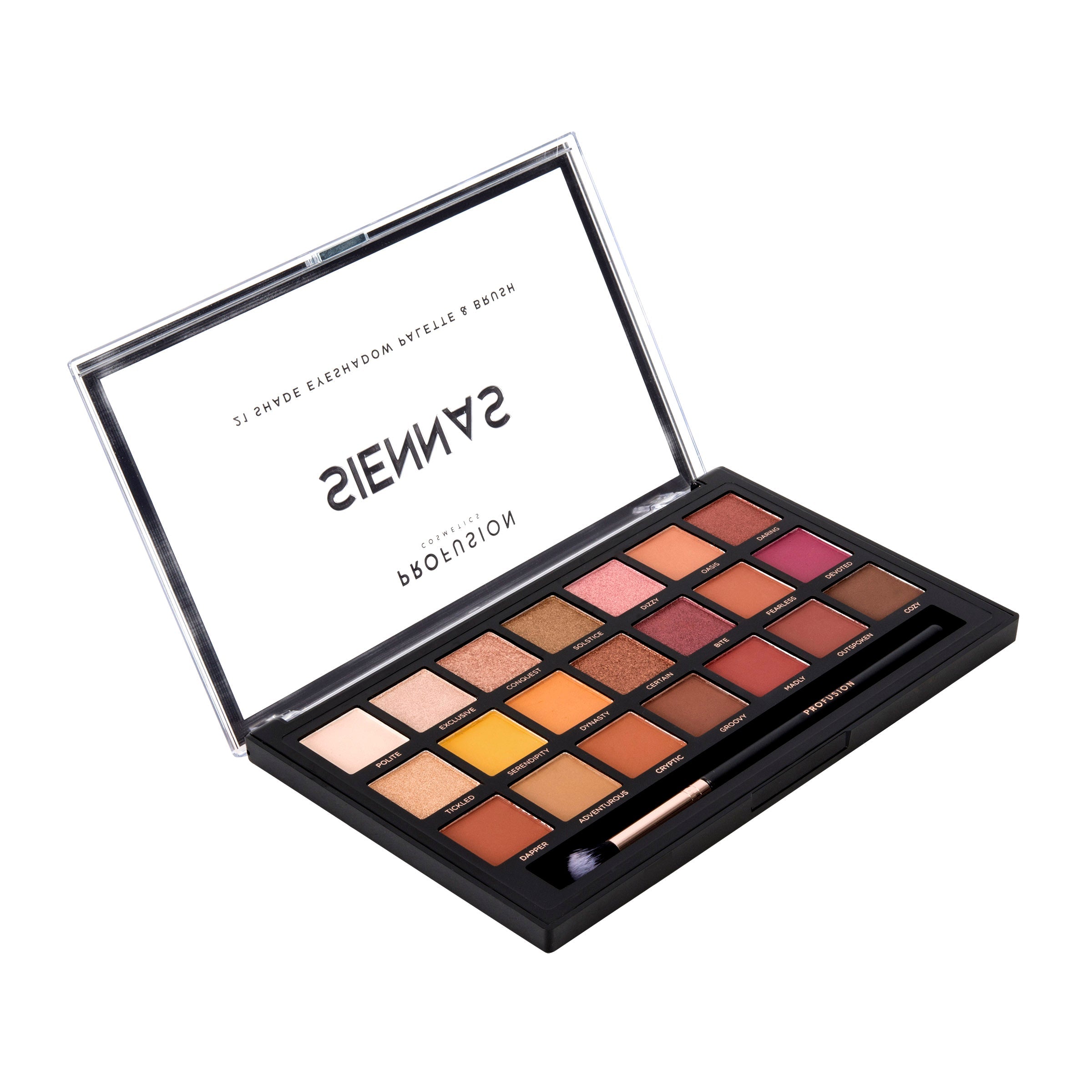 Profusion Cosmetics Siennas eyeshadow palette with warm-toned shades displayed in a compact container