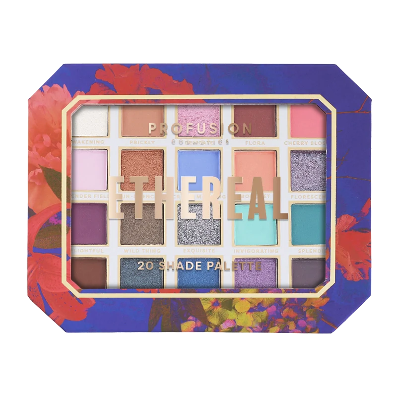 Profusion Cosmetics Superbloom Ethereal 20-Shade Eyeshadow Palette with vibrant, blendable colors and shimmering finishes.