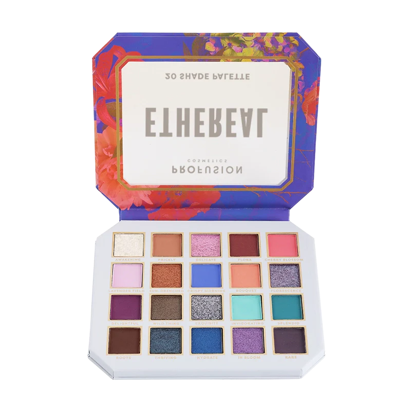 Profusion Cosmetics Superbloom Ethereal 20-Shade Eyeshadow Palette with vibrant and pastel shades displayed open.