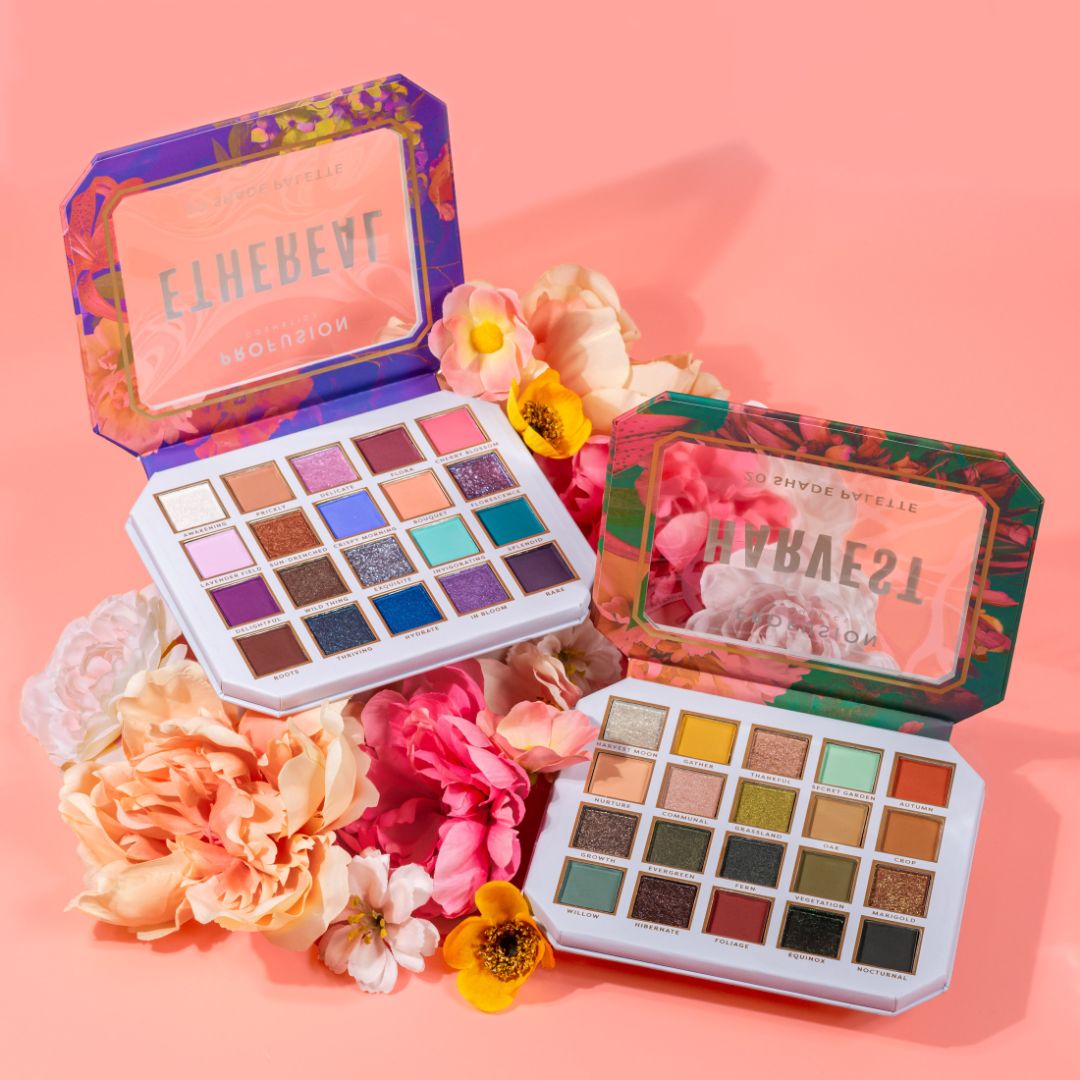 Profusion Cosmetics Superbloom Ethereal 20-Shade Eyeshadow Palette with vibrant and pastel shades in a sleek compact.