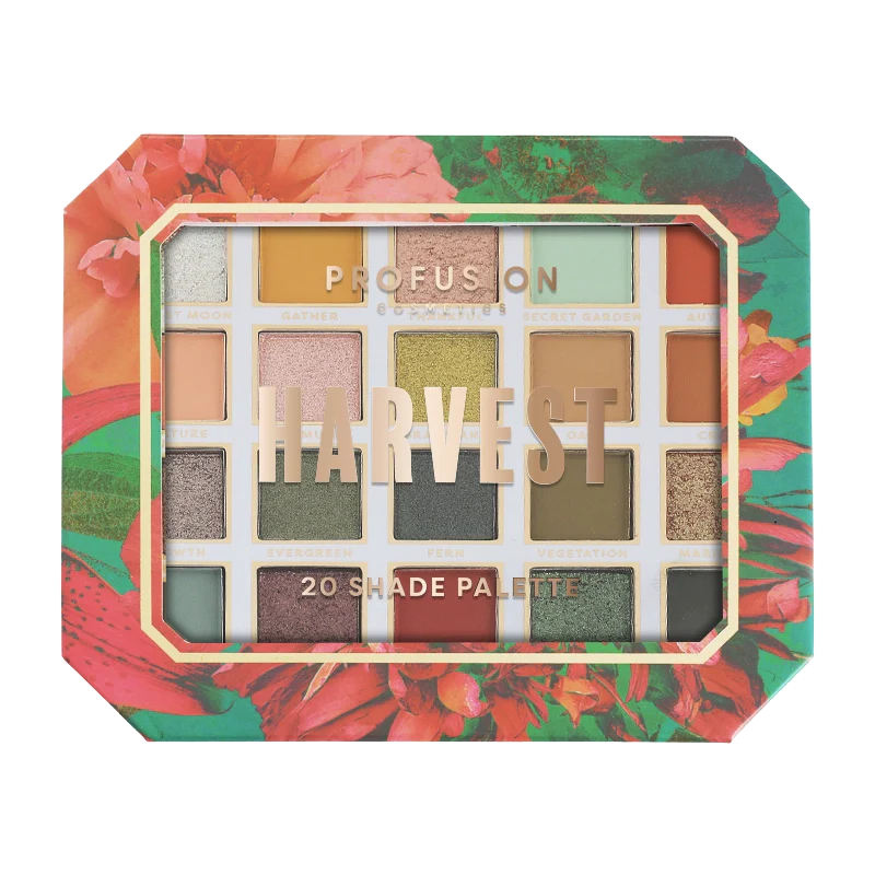Profusion Cosmetics Superbloom Harvest 20-shade eyeshadow palette with vibrant and neutral tones arranged in a sleek palette.