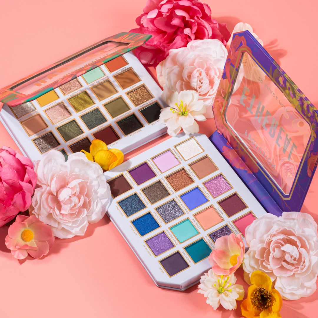 Profusion Cosmetics Superbloom Harvest 20-Shade Eyeshadow Palette showing vibrant and neutral eye makeup shades in a sleek rectangular palette.