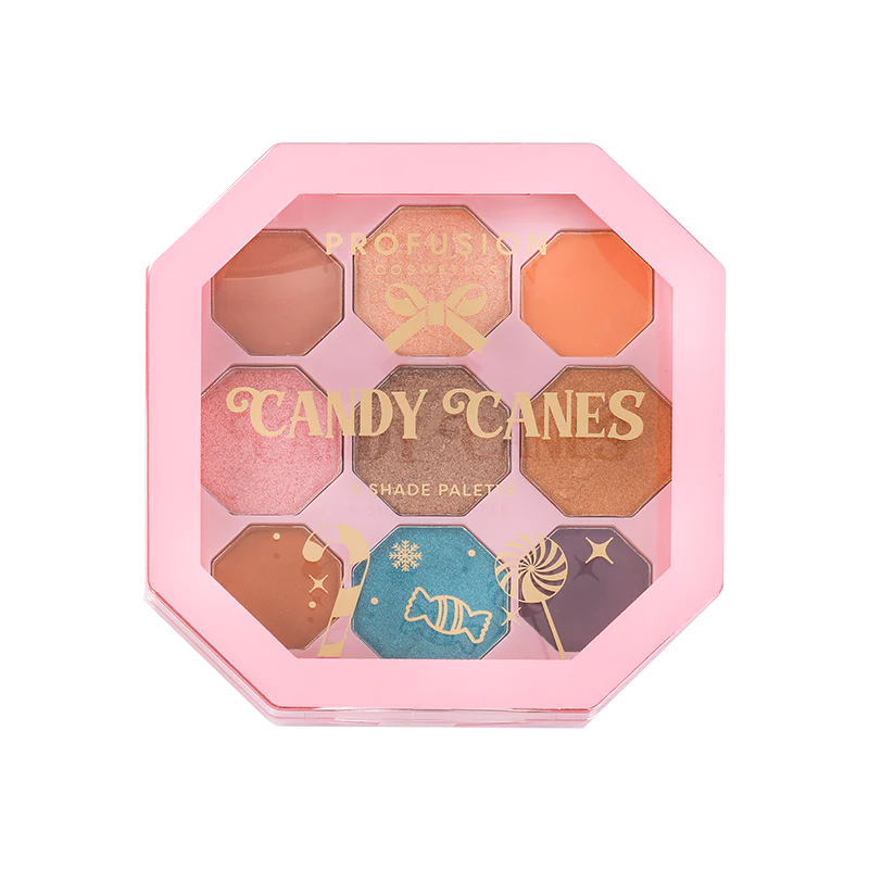 Profusion Cosmetics Sweet Holiday Candy Canes 9-shade eyeshadow palette with festive red, green, and neutral tones for holiday looks.