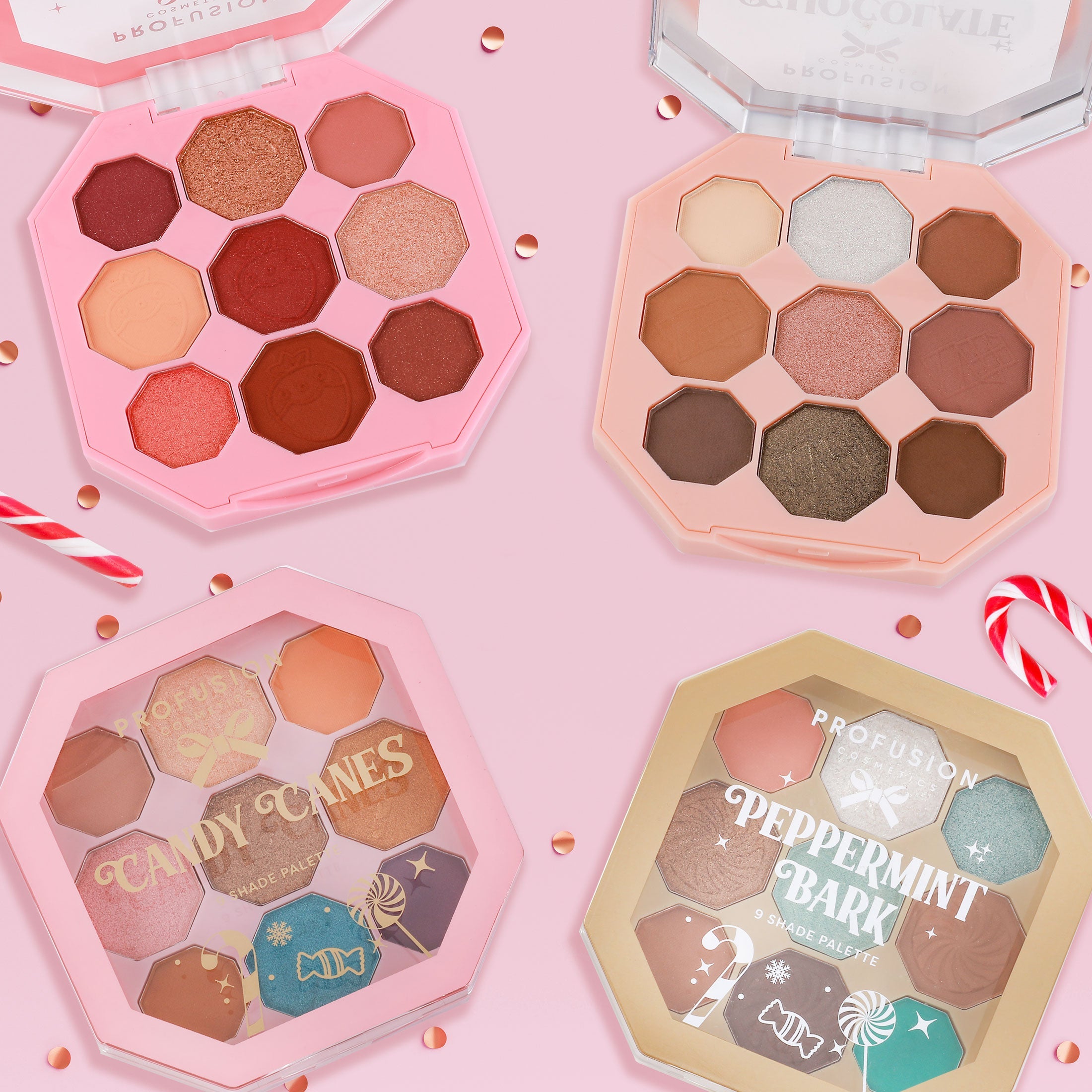Profusion Cosmetics Sweet Holiday Candy Canes 9-shade eyeshadow palette with festive red, green, and neutral tones.