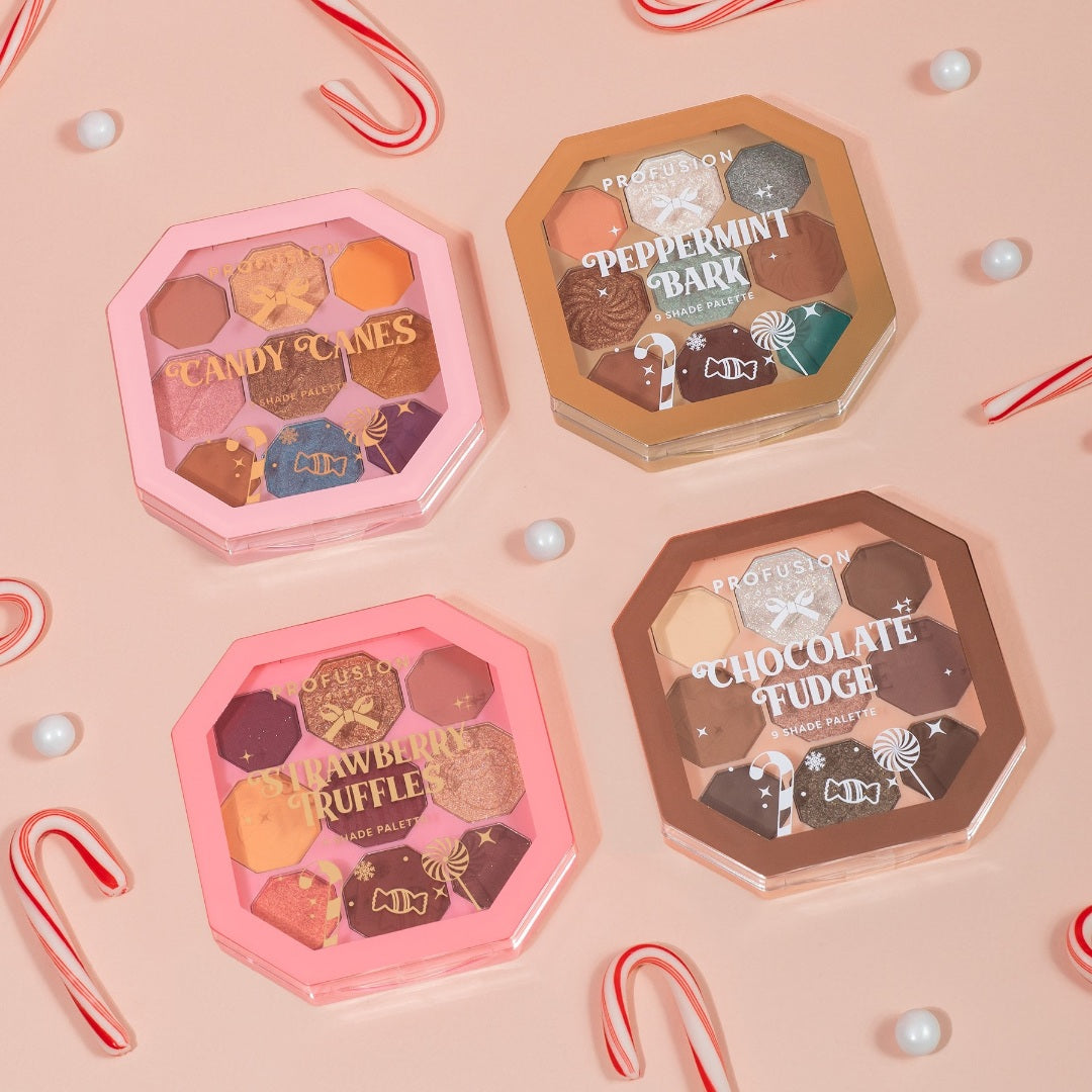 Profusion Cosmetics Sweet Holiday Candy Canes 9-shade eyeshadow palette with festive red, green, and neutral tones.