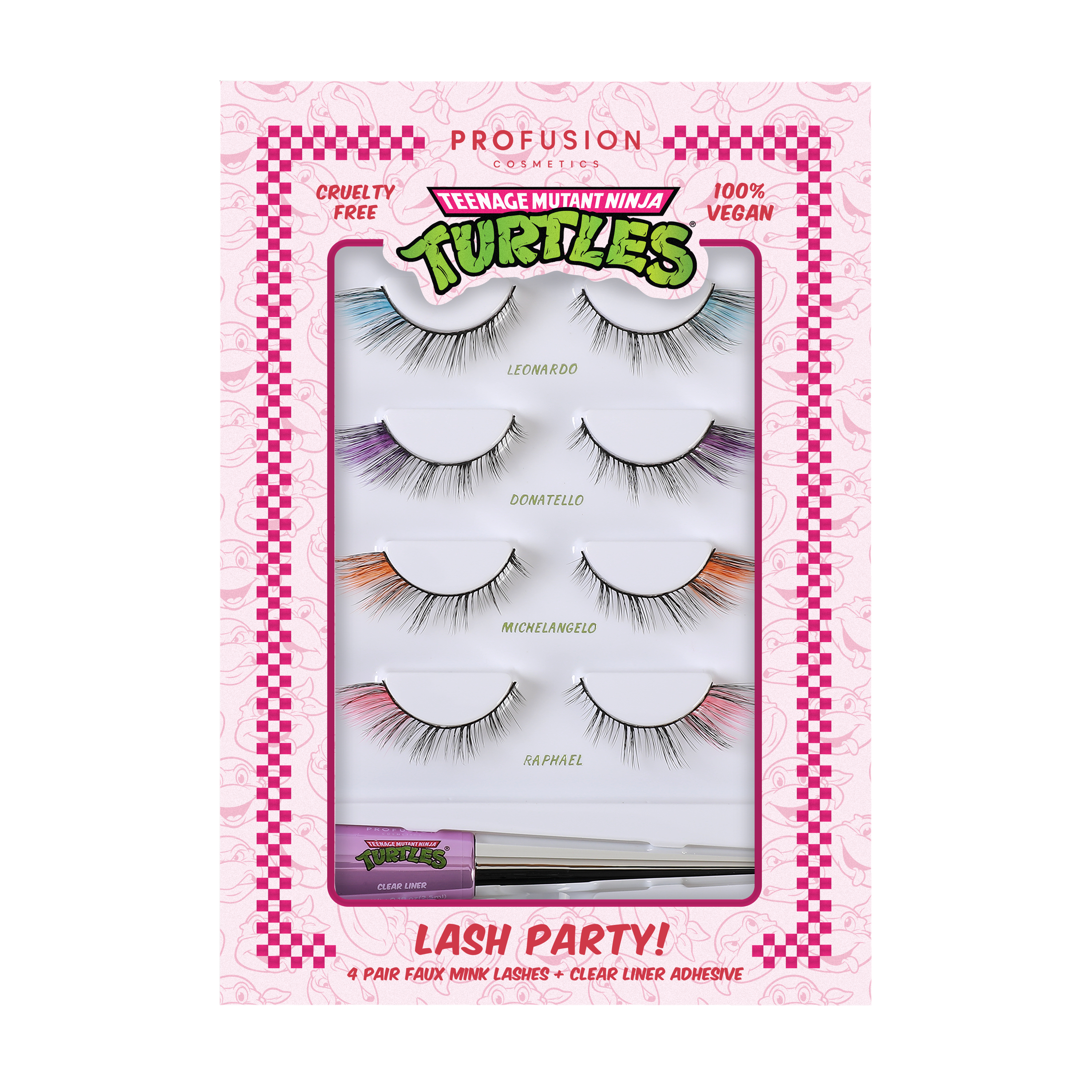 Profusion Cosmetics TMNT Lash Party 4 Pair Set of eye lashes with colorful, themed designs for a fun, bold eye makeup look.