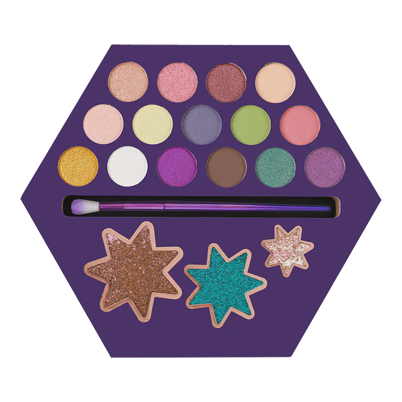 Profusion Cosmetics Written in the Stars Starry Eyes 18-shade eyeshadow palette with vibrant and shimmering eye makeup shades.