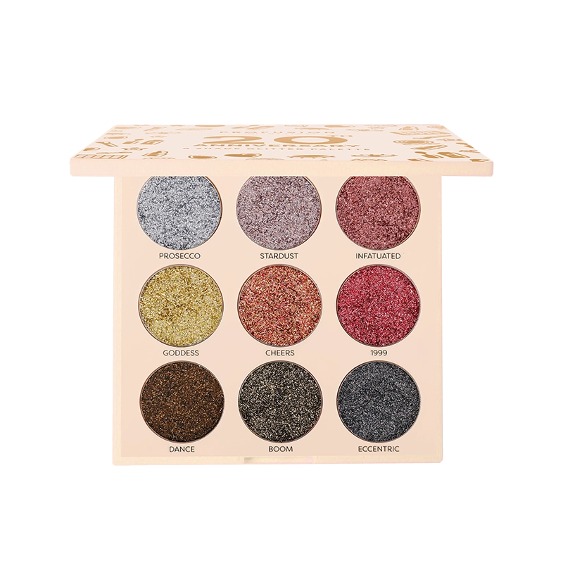 Profusion Cosmetics 20th Anniversary pressed glitter eyeshadow palette with gold-toned shades and multiple glitter finishes.