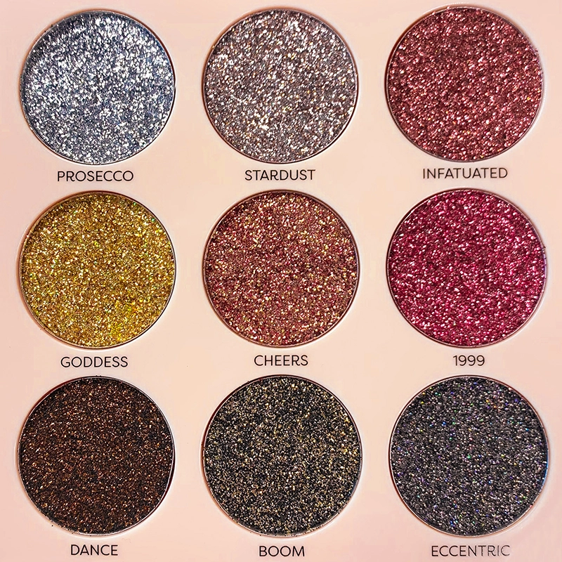 Profusion Cosmetics 20th Anniversary pressed glitter palette with gold eyeshadow and sparkle, perfect for eye makeup looks.