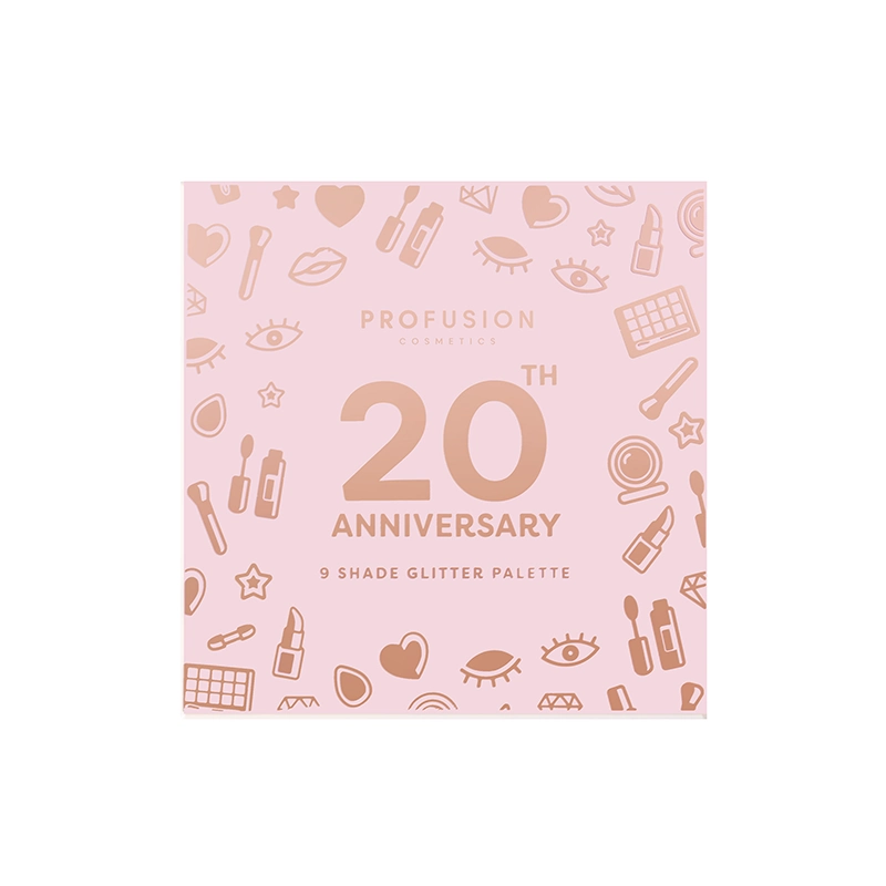 Profusion Cosmetics 20th Anniversary pressed glitter eyeshadow palette with gold and shimmering shades in a sleek compact.