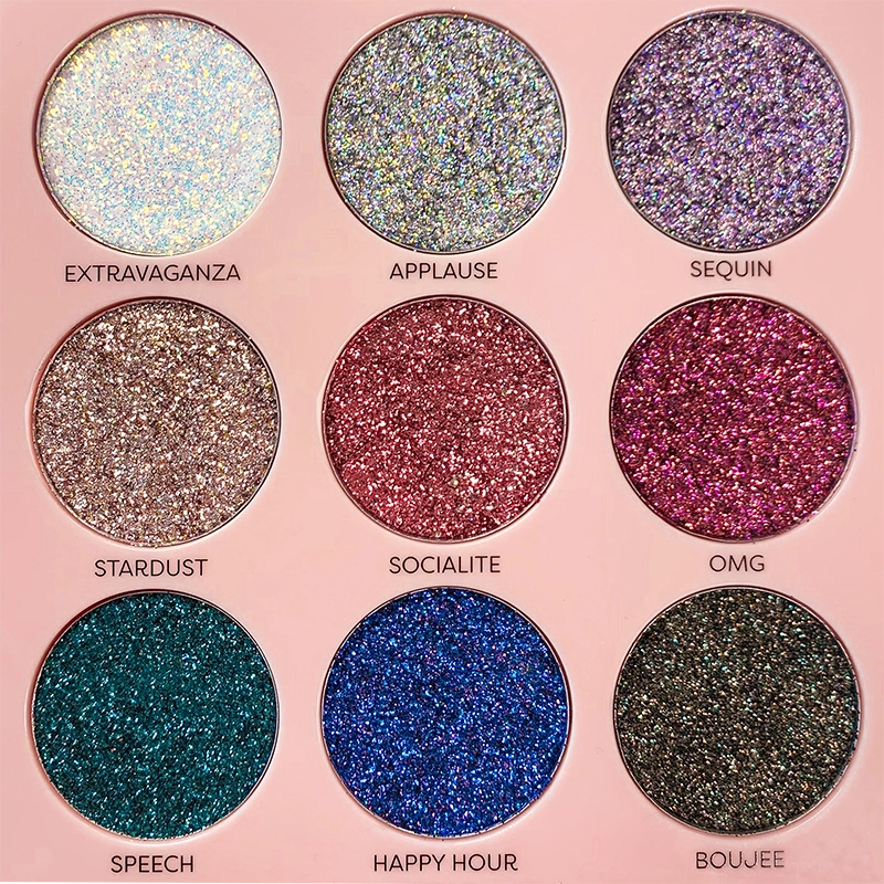 Profusion Cosmetics 20th Anniversary pressed glitter eyeshadow palette with gold shades and vibrant glitter accents.
