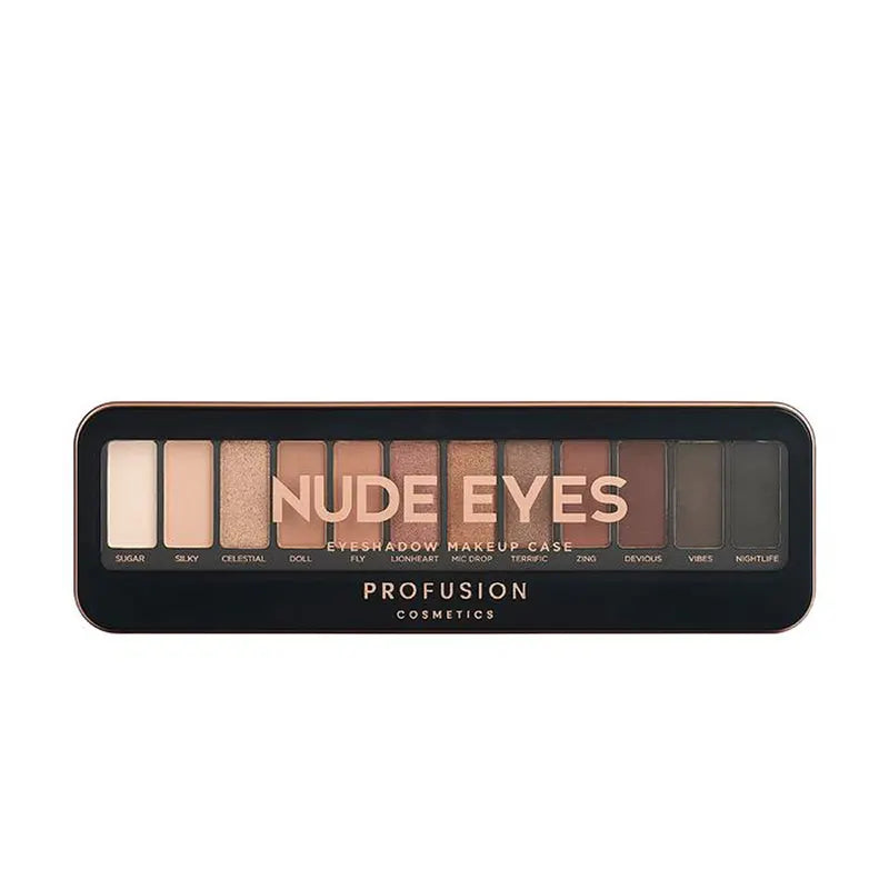 Profusion Cosmetics nude eyeshadow case with multiple eye shadow shades in a compact palette, ideal for eye makeup looks.