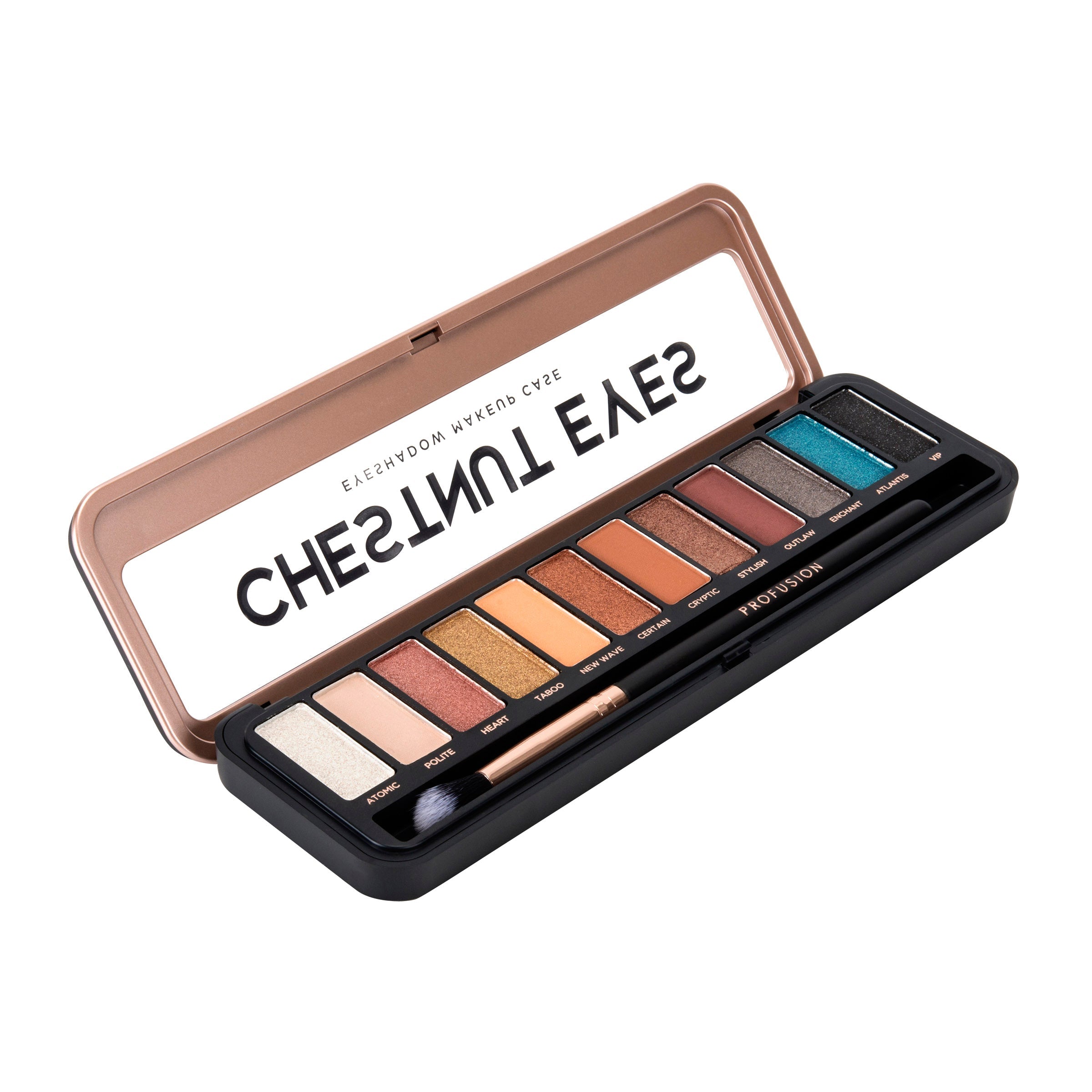 Profusion Cosmetics nude eyeshadow case with multiple eyeshadows in a sleek compact for versatile eye makeup looks.