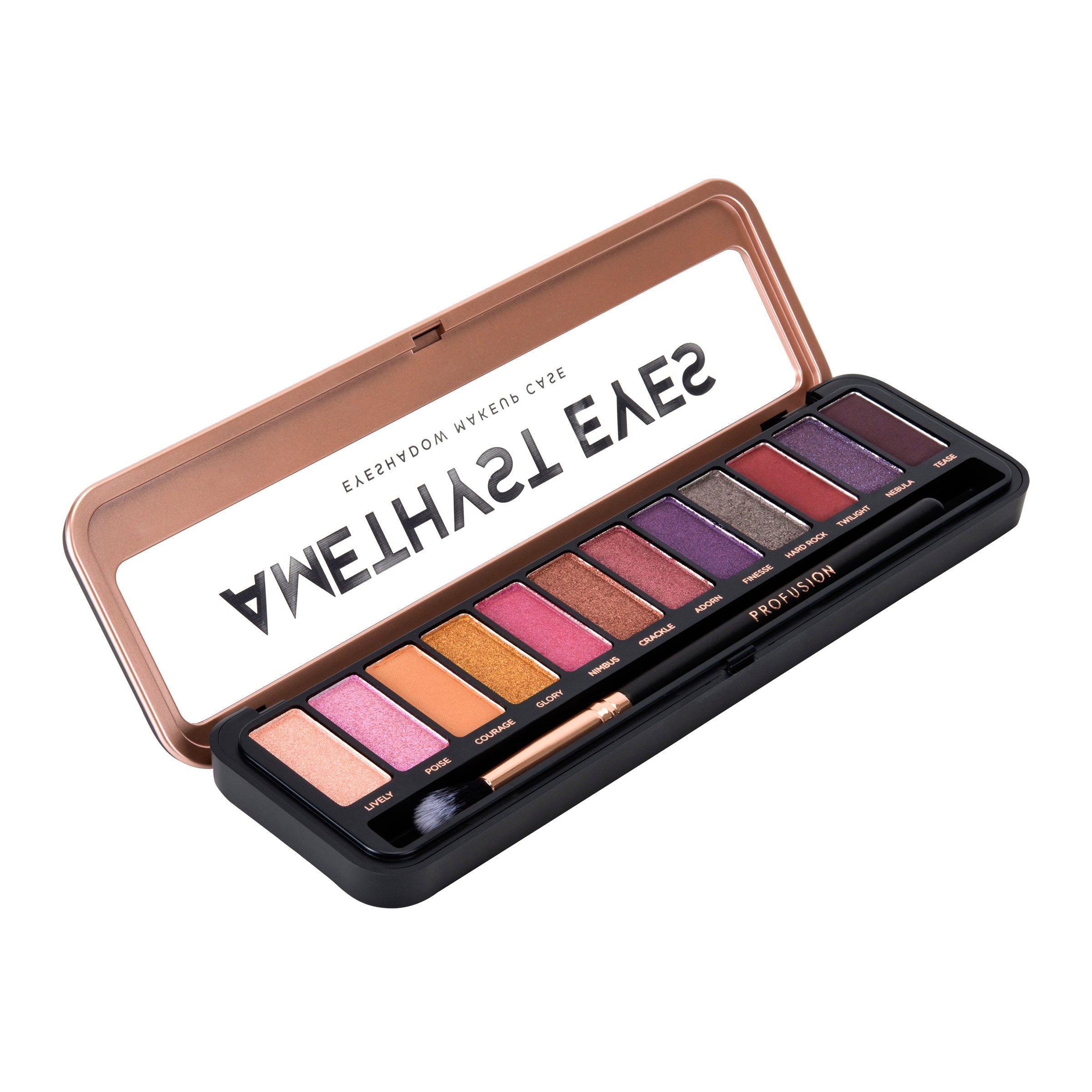 Profusion Cosmetics nude eyeshadow case with multiple eyeshadow shades in a sleek compact for versatile eye makeup looks.