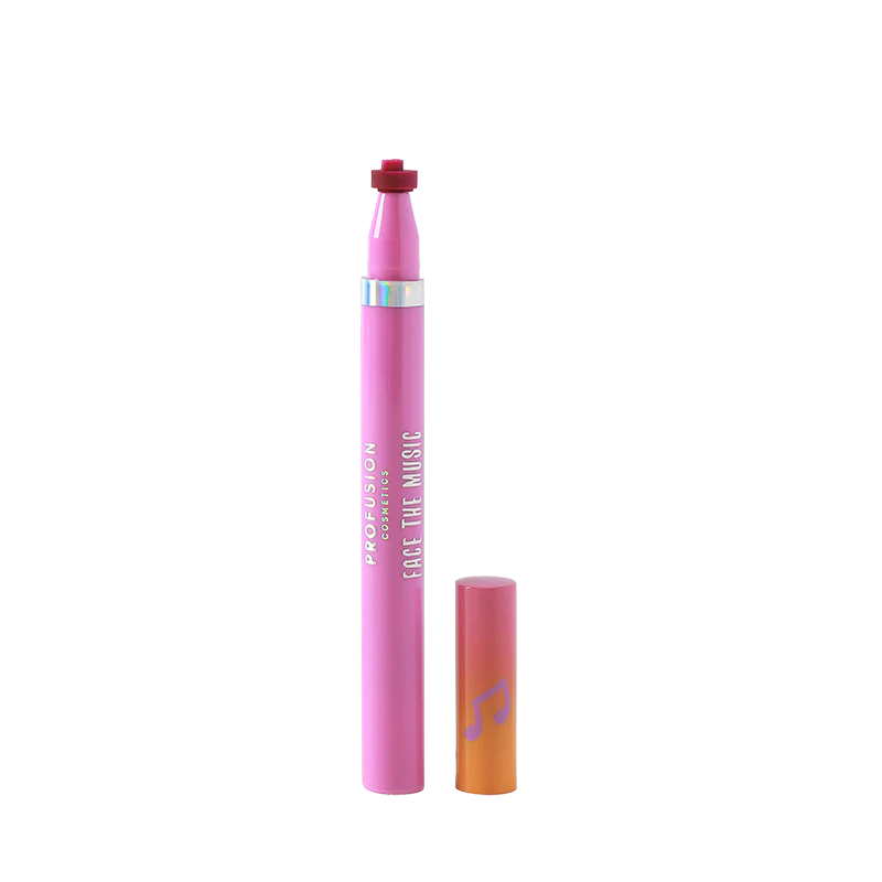 Profusion Cosmetics face stamp with purple musical note design for eyes, featuring a "It's a Vibe" face motif.