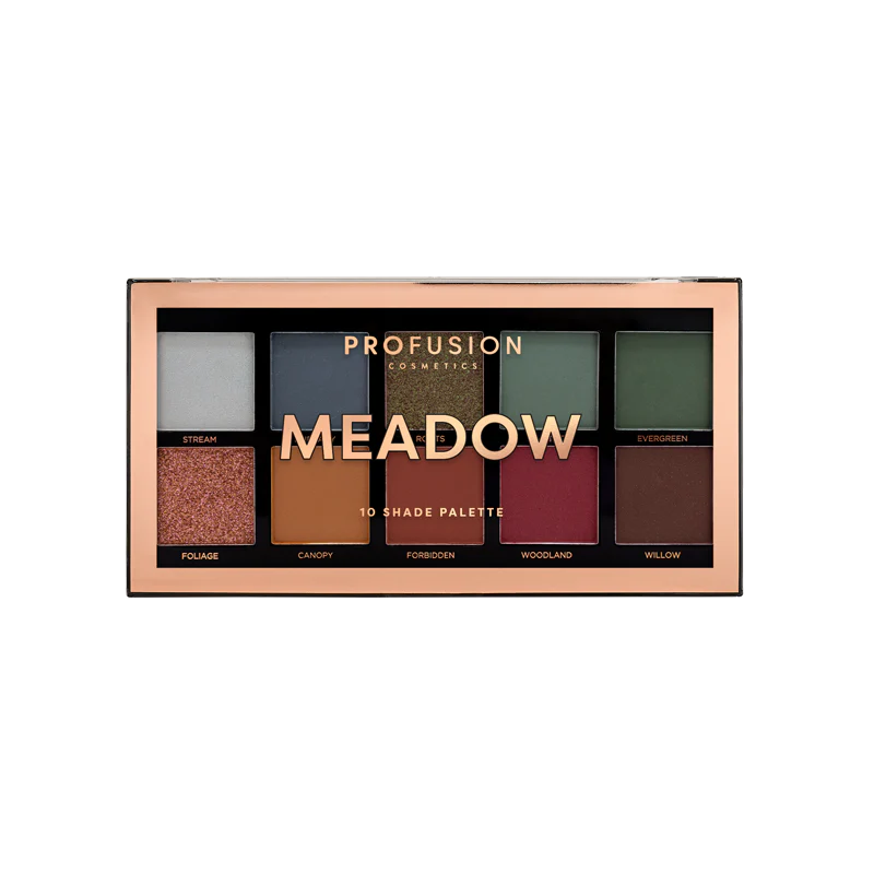 Profusion Cosmetics Essentials 10 Shade Eyeshadow Palette with smoky neutral tones, compact and versatile for eye makeup.