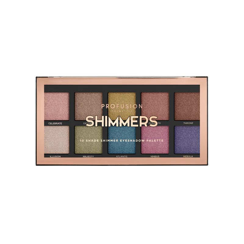 Profusion Cosmetics Essentials 10 Shade Eyeshadow Palette with smoky neutral tones, showcasing color variety and blendable formulas.