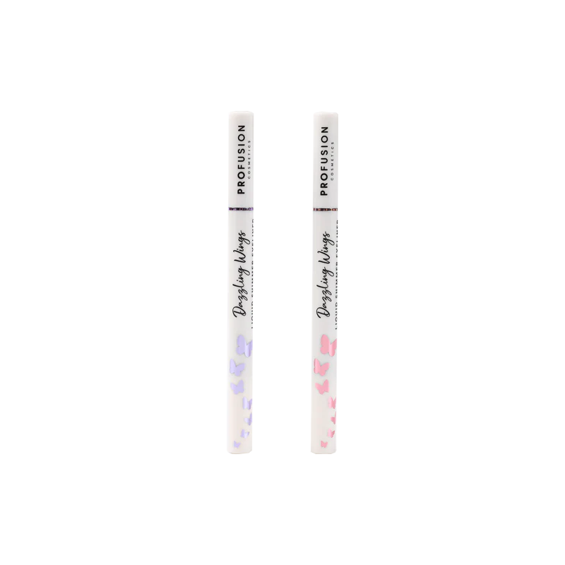 Profusion Cosmetics Dazzling Wings liquid shimmer eyeliner with butterfly wing design on eyes, showcasing vibrant, shimmering eye makeup.