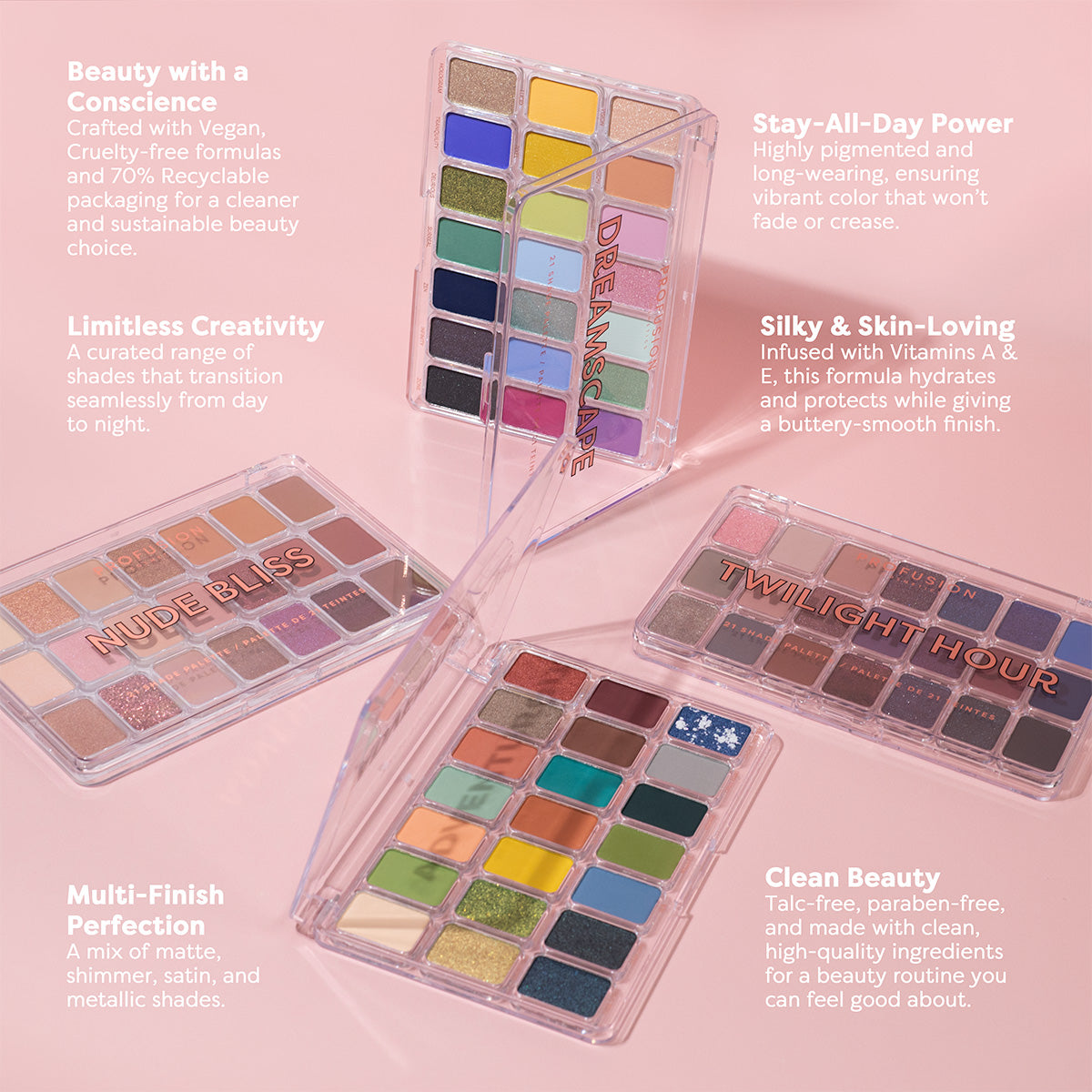 Profusion Cosmetics Artistry 21 Shade Eyeshadow Palette with a variety of colorful and neutral eyeshadow shades.