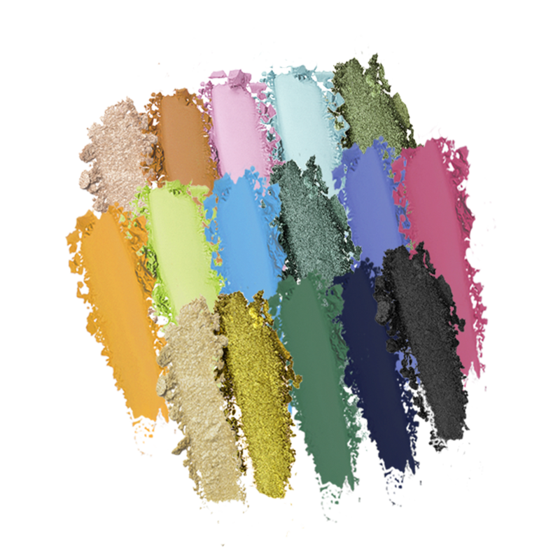 Profusion Cosmetics Artistry 21 Shade Eyeshadow Palette with a variety of colorful and neutral eyeshadow shades laid out on a white background.